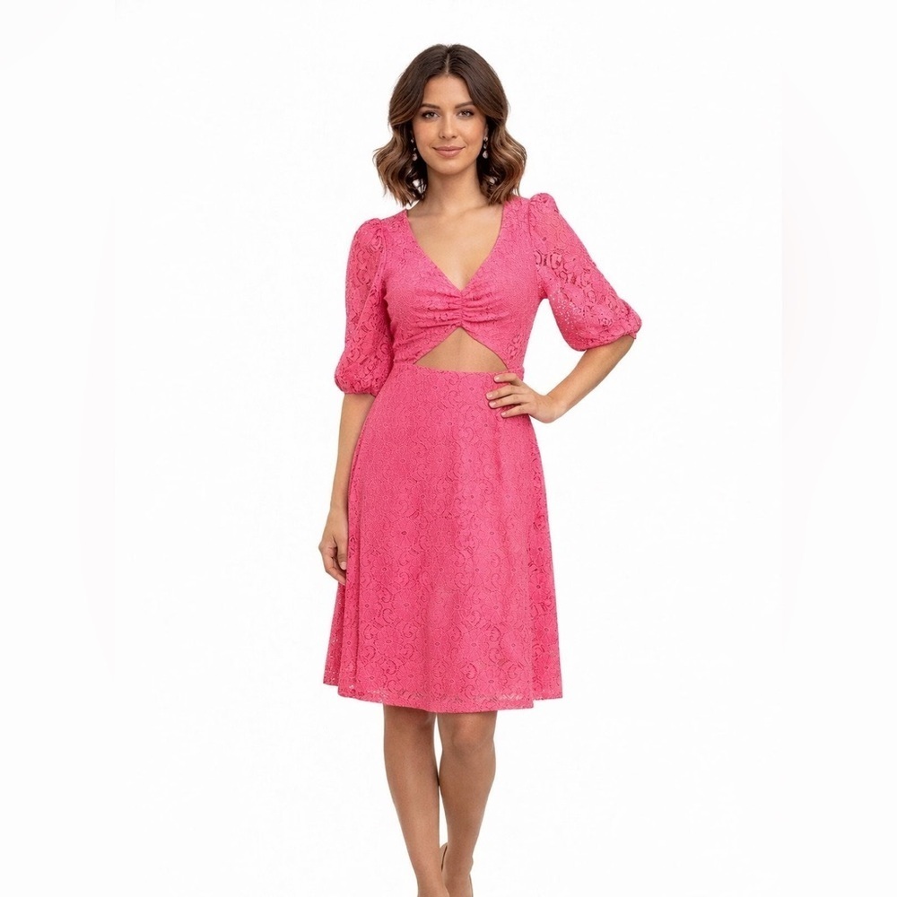 NSR Pink Lace Midi Dress Size Small Puff Sleeve Cutout Feminine Occasion Dress